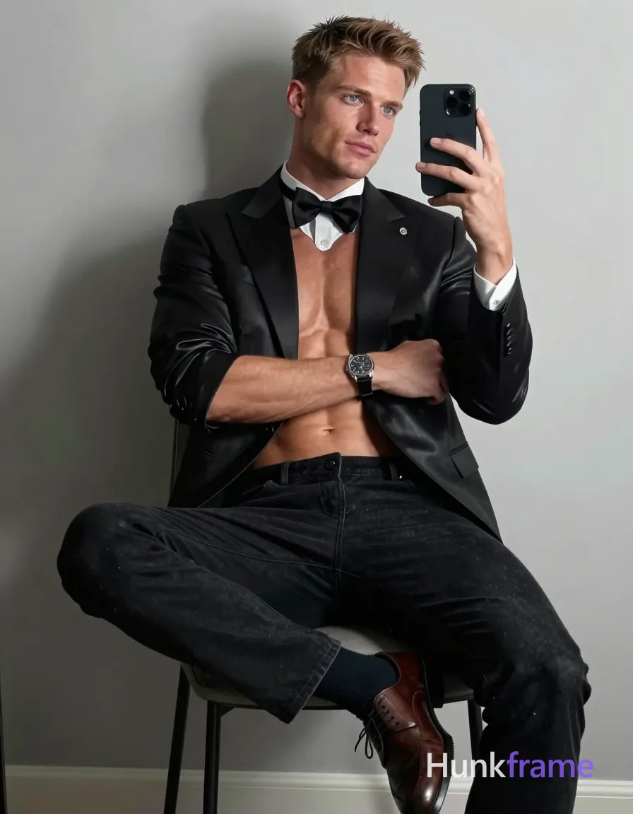 A Scandinavian man with very fair skin and ice blue eyes is seated on a modern chair, leaning slightly back. He wears a black leather jacket over a white t-shirt, fitted black jeans, and polished brown dress shoes. The background features deep shadows emphasizing his broad shoulders and lean waist in soft grays and high-contrast lighting