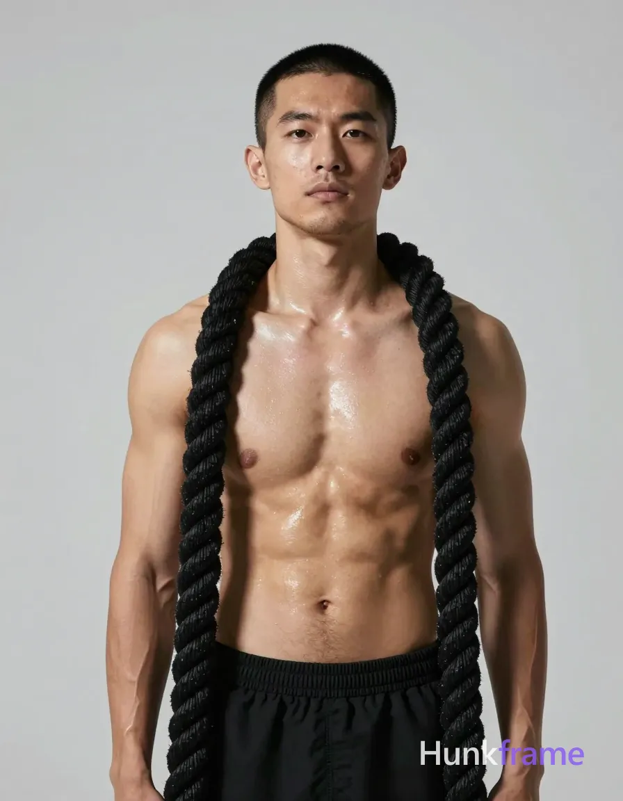 Asian man with short buzz cut and clean-shaven chin, faint stubble on jawline under lighting; Shirtless torso with broad shoulders, defined pectorals, visible abdominal definition, shiny sweat-like sheen on chest suggesting post-workout effect; Standing upright facing forward with slight head tilt to right; arms relaxed by sides partially obscured by thick black battle rope held against body; Medium close-up shot from upper thighs to top of head centered in frame; Plain light gray studio backdrop with softbox lighting creating subtle highlights on skin and rope texture; High contrast between dark rope and tanned skin tone, minimalist palette of black, skin tones, and gray; Vertical portrait orientation 13:19 aspect ratio, high-definition detail in skin texture and fabric weave; single clean uninterrupted photograph with a cohesive editorial composition and plain continuous surrounding surfaces