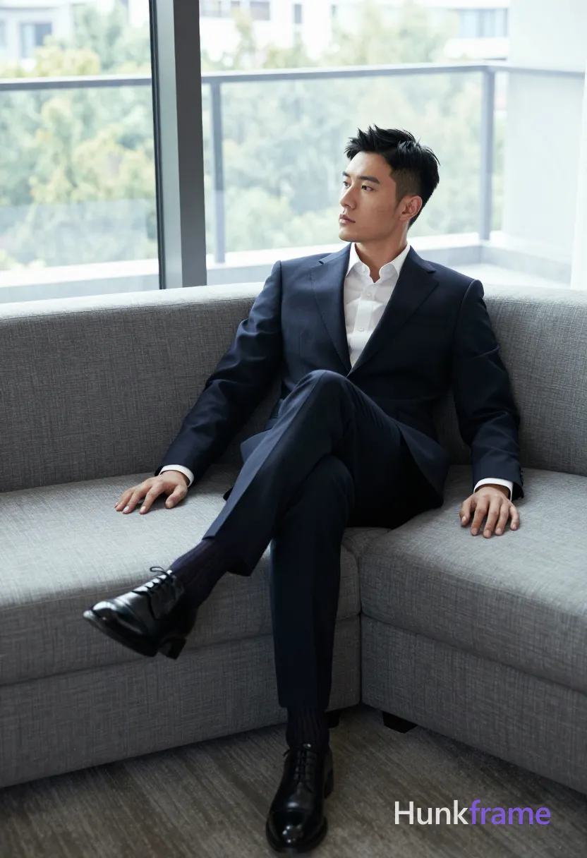 A handsome an anonymous figure man with short black straight hair and a neat side parting reclines on a modern grey sectional sofa, left leg crossed over right knee; He wears dark navy tailored suit jacket, matching trousers, white dress shirt collar visible at neckline, black leather lace-up oxford shoes, and dark patterned socks peeking from cuffs; Fully clothed adult with slim build torso leaning back, head tilted upward to the side in a neutral contemplative gaze directed off-camera right; Full-body shot mid-thigh up including background environment of large windows showing outdoor balcony view with greenery; Natural daylight streaming through glass creates soft highlights on face and suit fabric against muted navy black white grey palette; Fine-art photography fashion editorial aesthetic clean composition minimal distractions vertical portrait 13:19 aspect ratio; single clean uninterrupted photograph with a cohesive editorial composition and plain continuous surrounding surfaces