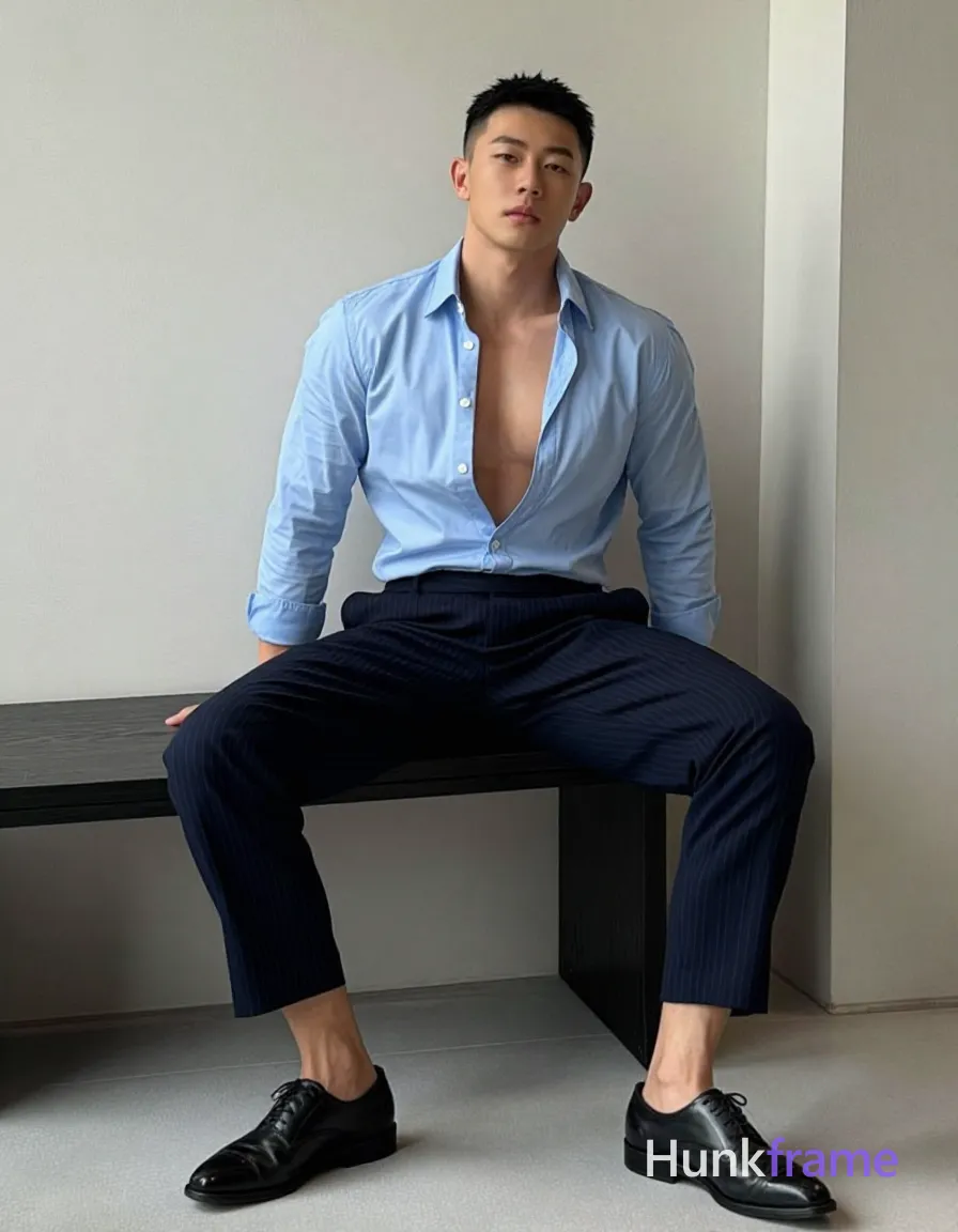 Asian adult man with short black buzz cut and clean-shaven face, seated upright on a modern black bench in an indoor minimalist space; He wears a light blue long-sleeve button-down shirt unbuttoned at the top two buttons revealing bare chest from collarbone to navel, defined pectorals, and toned abs visible through the opening; dark navy pinstripe dress pants with creases down front of legs and black leather oxford shoes with pointed toes; legs slightly apart with left leg forward exposing inner thighs and knees; Soft directional lighting from front-left highlights sculpted masculine form against off-white walls; Vertical portrait composition capturing head to mid-calf, shot on iPhone 15 Pro main camera, authentic smartphone computational photography, natural Smart HDR and true-to-life skin texture, vertical 9:16 Xiaohongshu lifestyle feed, bright clean everyday scene, unretouched phone photo with subtle sensor grain, trendy Chinese internet 网红 aesthetic, candid influencer energy; single clean uninterrupted photograph with a cohesive editorial composition and plain continuous surrounding surfaces