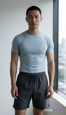 Asian man with short buzz cut and light stubble stands upright facing camera, slight forward lean in
