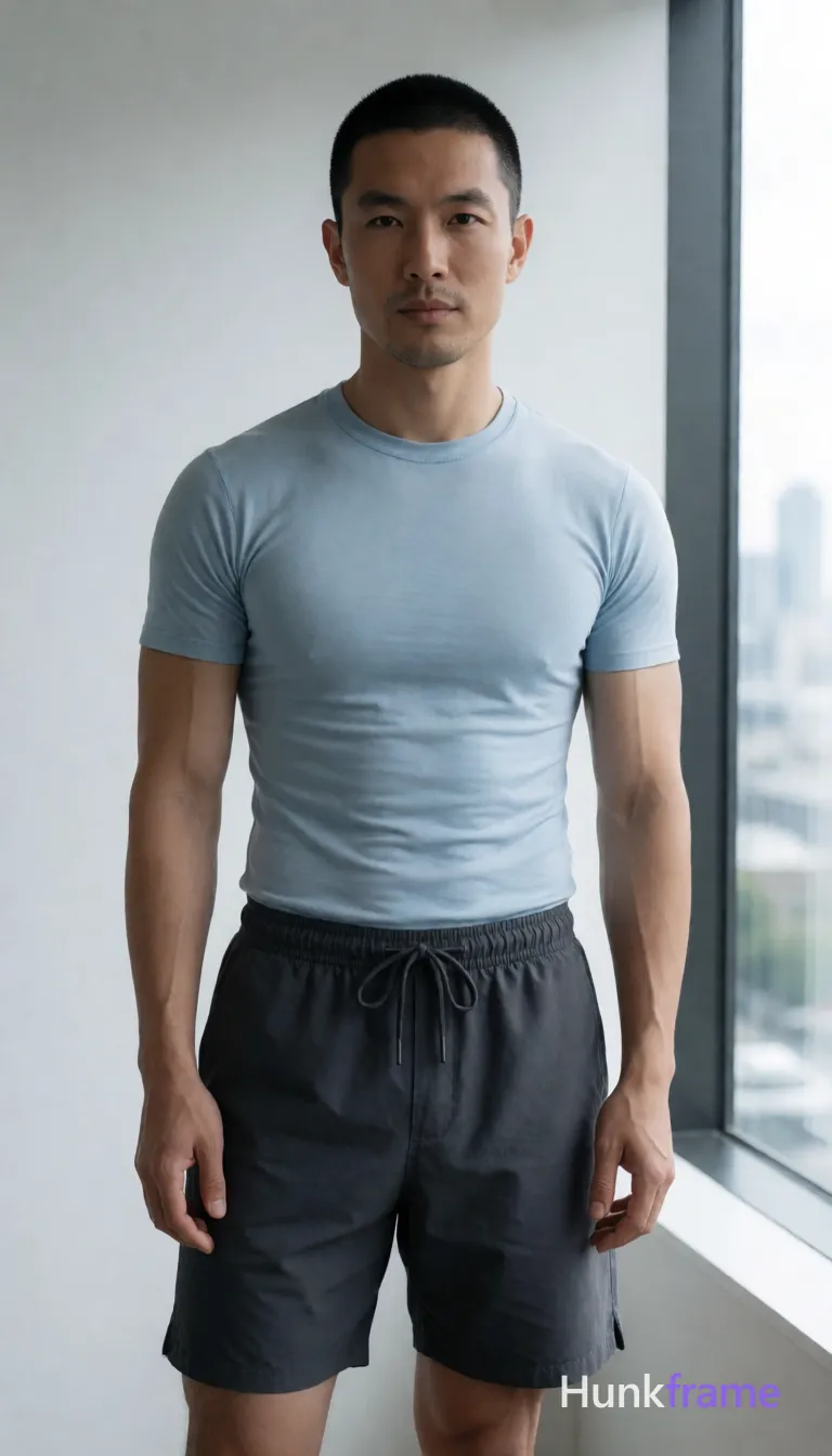 Asian man with short buzz cut and light stubble stands upright facing camera, slight forward lean in high-resolution fashion editorial; He wears a light blue fitted compression-style t-shirt covering torso completely and dark grey drawstring athletic shorts reaching mid-thighs; Broad shoulders, defined pectorals, vascular forearms visible against plain white wall background with large window showing cityscape to right side of frame; Natural daylight creates soft directional shadows on left face and body; Cool greys and blues palette, minimalist indoor setting, vertical portrait orientation 13:19 aspect ratio, same aesthetic theme and photo feel as the reference but a different man in a different pose with distinct body proportions, Japanese man, soft masculine features, straight black hair, slim dancer build; single clean uninterrupted photograph with a cohesive editorial composition and plain continuous surrounding surfaces