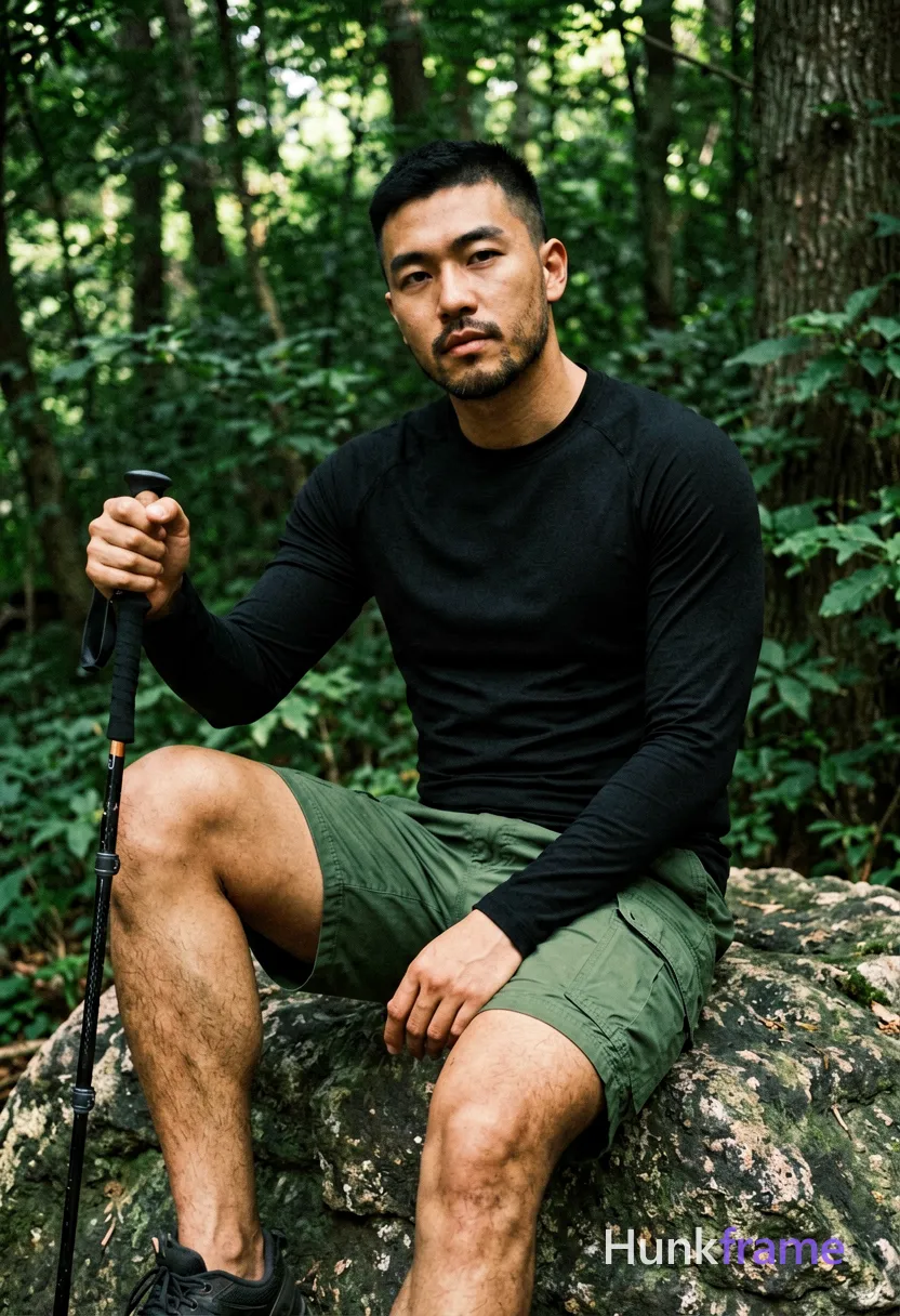 Asian man medium-tan skin short black buzz cut styled top light stubble beard seated on rock in forest torso angled left head turned to camera direct gaze neutral mouth right knee up and bent left leg extended downward out of frame holding trekking pole handle with right hand near thigh wearing black long-sleeve athletic shirt torso fully covered olive-green cargo shorts broad shoulders thick thighs dense green foliage background natural dappled light through canopy mobile phone camera aesthetic slightly grainy texture vertical portrait 13:19 aspect ratio, wearing underwear or swim trunks, covered genitals, no frontal nudity, a single uninterrupted photograph only, no written words or typography anywhere in frame, no captions, no app UI, no social-media post layout, no screenshot borders