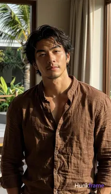 Asian man with tanned skin, dark tousled hair parted left, light stubble on jaw and lip; He wears a 