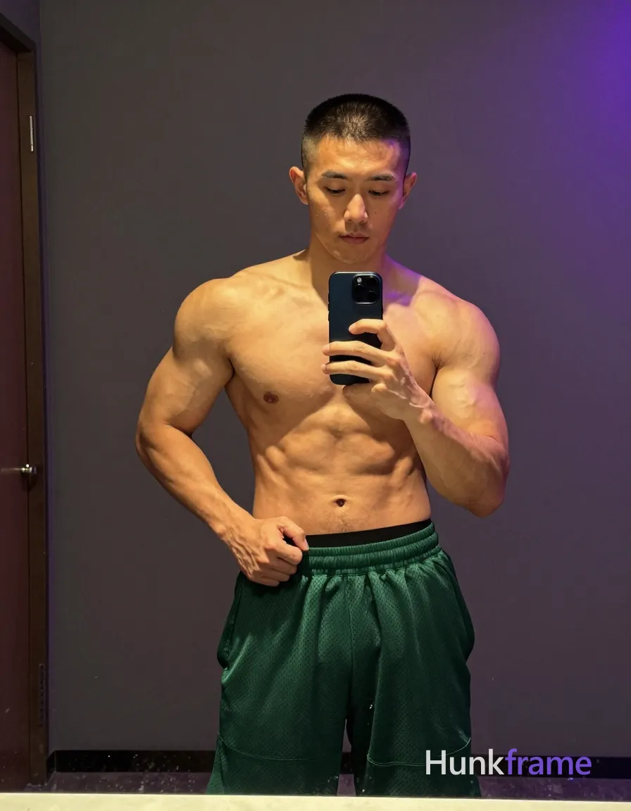 Asian man with light to medium tan skin and short buzz cut stands shirtless before a mirror, broad shoulders and defined pectorals prominent; He wears green mesh athletic shorts mid-thigh length with black underwear waistband visible above; Right hand grips the waistband while left holds dark blue smartphone capturing reflection in large bathroom mirror; Warm overhead highlights contrast cool purple ambient glow from right side against dark gray walls; Vertical full-body shot head to mid-thighs, slightly grainy phone camera texture, confident intimate mood; single clean uninterrupted photograph with a cohesive editorial composition and plain continuous surrounding surfaces