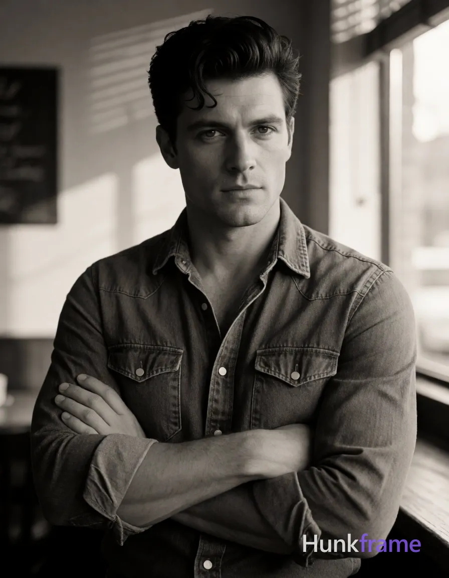 Caucasian man, light to medium skin tone, dark thick voluminous pompadour haircut with side-swept bangs and no hairline recession; Clean-shaven smooth chin and jawline; Serious focused gaze with slight tension in brow indicating intensity; Standing with arms crossed over chest; right hand gripping left sleeve near elbow; Torso angled slightly to viewer's left while head turned toward camera; Shirtless adult, bare chest from collarbone to waistline showing defined pectoral muscles and toned abdominal definition; Denim shirt worn open at collar revealing bare chest, long sleeves rolled up to mid-forearm on both arms with visible metal buttons and two chest pockets with flap closures; Fitted cut accentuating shoulder width and torso structure; Cafe setting with warm ambient light filtering through window blinds creating soft shadows; Natural daylight mixed with interior warmth; Monochrome black-and-white palette with high tonal range, deep blacks in hair and denim texture highlights, mid-grays across facial features, bright whites on forehead highlight; Fine-art photography style with cinematic composition emphasizing physical form over narrative context; single clean uninterrupted photograph with a cohesive editorial composition and plain continuous surrounding surfaces