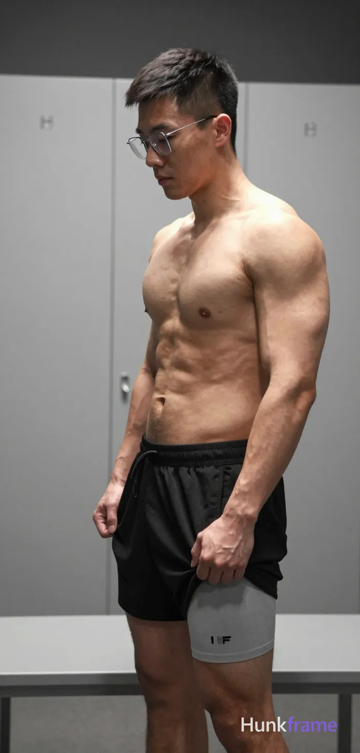 Asian man with short dark black hair high fade, thin metal frame rectangular glasses worn on face, clean-shaven; Standing profile facing left pulling up black athletic shorts waistband mid-thigh right side shirtless bare chest six-pack abs thick thighs visible gray inner waistband above outer fabric indoor locker room white bench dramatic directional lighting highlighting musculature high contrast shadows confident strength defined anatomy gym photography vertical portrait crop head to upper thighs The adult man visibly wears thin metal frame glasses worn on the face; clear lenses with no tint; rectangular to slightly rounded shape on his face; preserve the exact frame shape, rim style, color, material, and lens tint; FULL GARMENT TEXT REPLACEMENT: remove every source garment word, sentence, slogan, logo, and partial brand spelling from every existing print area, then replace those source marks with only the wordmark, spelled exactly "HF"; This is replacement, Repeated "HF" marks are allowed only where the source garment already had printed text; preserve appropriate placement, typography, color, and scale; single clean uninterrupted photograph with a cohesive editorial composition and plain continuous surrounding surfaces