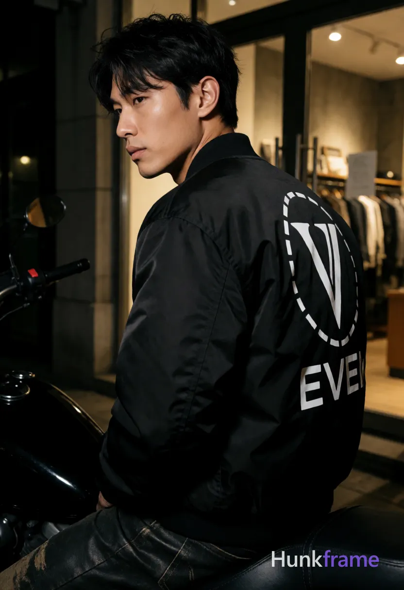 Asian man with light to medium tan skin and short dark black tousled hair, side-parted fringe over forehead; Seated on motorcycle seat in profile view looking leftward, torso angled away from camera; Wearing a black bomber-style jacket featuring a white graphic print on back with stylized 'V' logo inside circular dashed border and partial text reading 'EVE', paired with dark distressed leather pants visible at thigh level; Urban street scene at night with glass storefront reflections in background; Dramatic side-lighting highlights facial contours and fabric texture against warm ambient glow from shop windows; High contrast fine-art photography aesthetic, editorial composition emphasizing sculpted silhouette; single clean uninterrupted photograph with a cohesive editorial composition and plain continuous surrounding surfaces