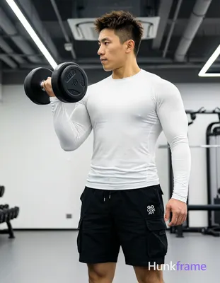 Asian man with short textured dark brown crop hair, clean-shaven face, focused neutral expression st