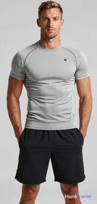 Medium brown skin, broad shoulders with defined pectorals and visible abdominal 