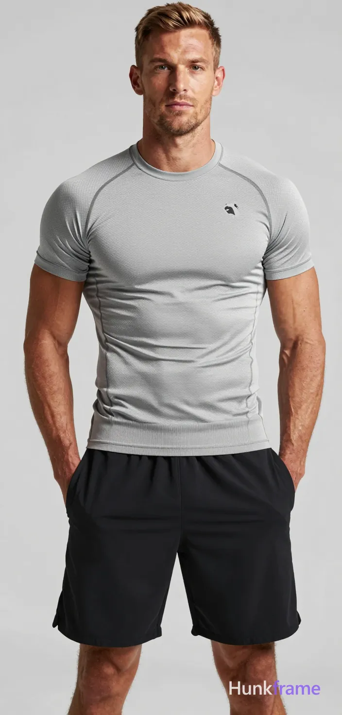 Medium brown skin, broad shoulders with defined pectorals and visible abdominal definition. Standing upright with hands in pockets; torso facing forward wearing light gray short-sleeve compression shirt with textured mesh panel across chest and ribbed lower body, crew neck, logo on upper left chest, black athletic shorts. Studio setting with plain light-gray seamless background. Softbox-style frontal lighting providing even illumination on fabric texture. High-resolution product-style photography, sharp focus on garment details. Vertical portrait composition cropped from mid-chest to upper thighs, centered framing., same aesthetic theme and photo feel as the reference but a different man in a different pose with distinct body proportions, Slavic man, pale skin, ash blond stubble, tall athletic frame, a single uninterrupted photograph only, no written words or typography anywhere in frame, no captions, no app UI, no social-media post layout, no screenshot borders