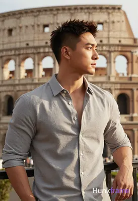 Asian man with short dark brown undercut hair and clean-shaven face, standing in