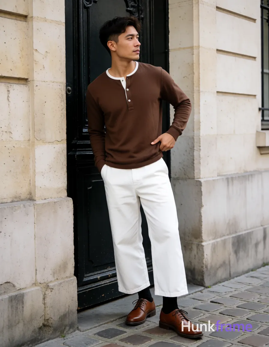 Asian man with light-medium skin and short dark brown undercut hair stands casually near the ornate black door, shifting weight slightly; He wears long-sleeved brown henley shirt with white trim at collar and placket buttons, white wide-leg trousers, black crew socks, and brown leather lace-up dress shoes; One hand rests on hip or pocket in candid lifestyle pose; Setting is urban street scene with light-colored stone walls and cobblestone ground under natural daylight; XHS lifestyle style mimicking candid iPhone rear-camera snapshot energy, trendy influencer vibe, vertical social-feed composition, clean-cut grooming, same aesthetic theme and photo feel as the reference but a different man in a different pose with distinct body proportions, Middle Eastern man, tan skin, dark beard shadow, muscular but natural proportions; single clean uninterrupted photograph with a cohesive editorial composition and plain continuous surrounding surfaces