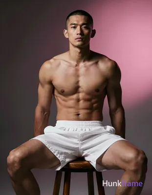 Asian man with buzz cut and clean-shaven face, tanned skin seated on wooden stool legs spread knees 