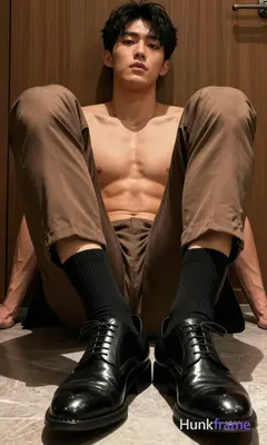 Close-up athletic photography of a muscular masculine man seated with legs extended and crossed at t