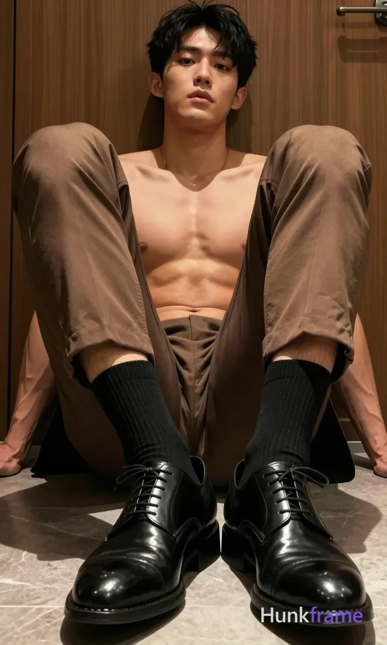 Close-up athletic photography of a muscular masculine man seated with legs extended and crossed at the ankles, left foot resting on right thigh. He wears full-length brown suit trousers, black ribbed crew socks, and polished black leather lace-up dress shoes. Dramatic directional light defines thick thighs and shoe texture against a wood-paneled room background. Cropped from mid-thighs down to feet with upper body out of frame; confident strength aesthetic., same aesthetic theme and photo feel as the reference but a different man in a different pose with distinct body proportions, lean Korean man, sharp jaw, monolid eyes, slim swimmer build, natural black hair, a single uninterrupted photograph only, no written words or typography anywhere in frame, no captions, no app UI, no social-media post layout, no screenshot borders