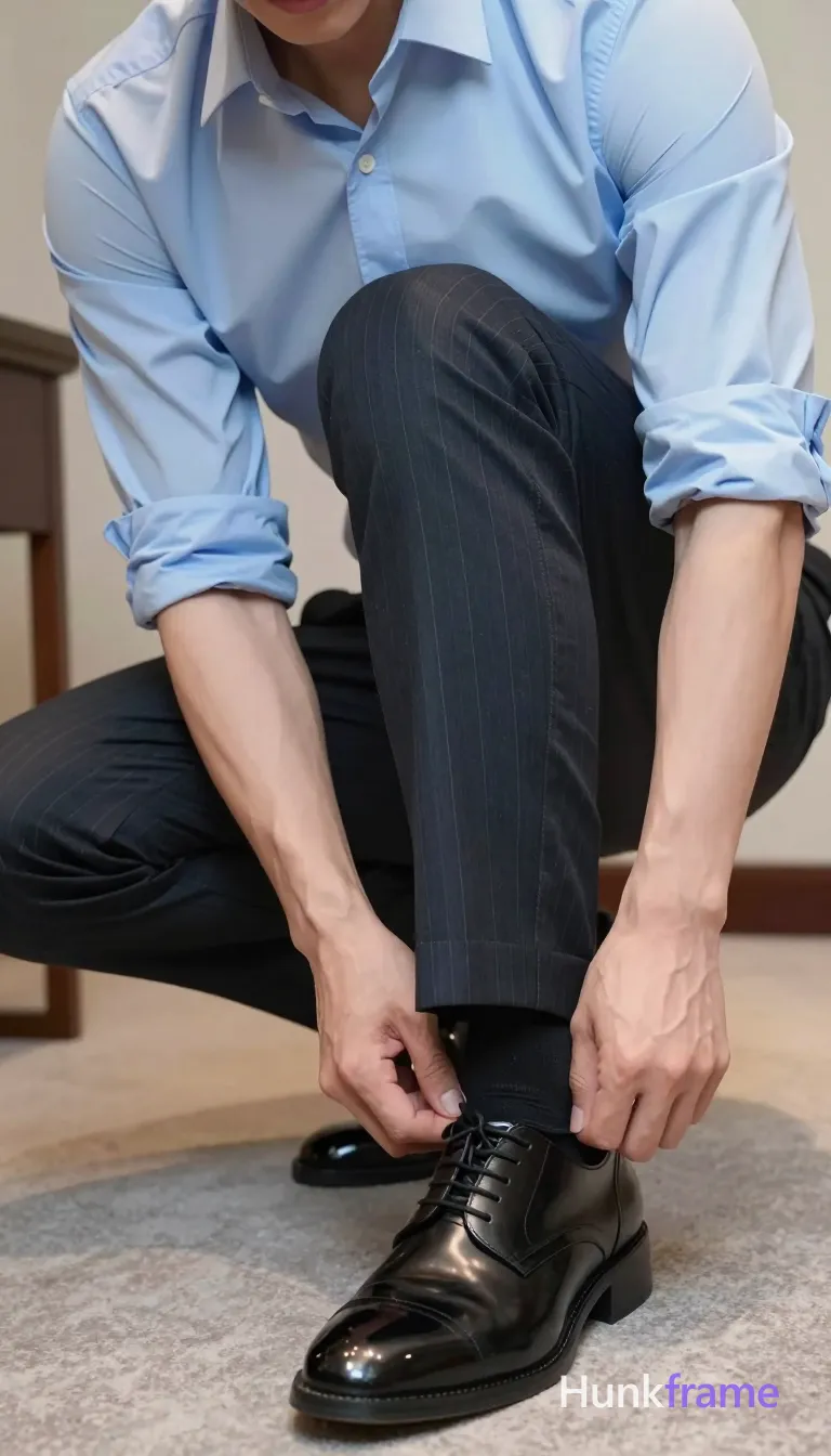 Polished anime style low-angle close-up of an adult man crouching with knees bent, torso leaning forward out of frame. He adjusts right shoe with left hand while waistband of dark pinstripe dress trousers is pulled up mid-thigh on both legs showing thick thighs. Light blue button-down shirt torso mostly cropped. Indoor room with carpeted floor and wooden furniture legs visible in background. Soft indoor ambient light, clean lines, expressive athletic anatomy., a single uninterrupted photograph only, no written words or typography anywhere in frame, no captions, no app UI, no social-media post layout, no screenshot borders