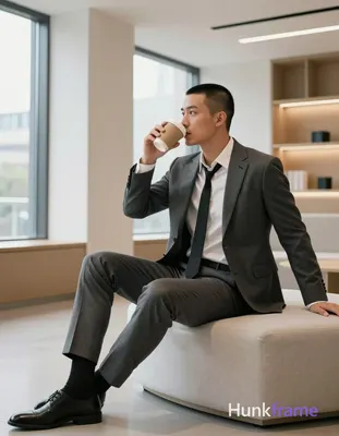 Asian man with short buzz cut and clean-shaven face in profile, seated sideways on a light-colored u