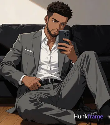 Polished anime style rendering of an adult man with short textured dark brown crop and neatly trimme