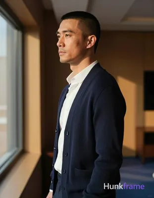 Photograph of exactly 1 adult man. Man 1: East Asian, light to medium tan with warm undertones, squa