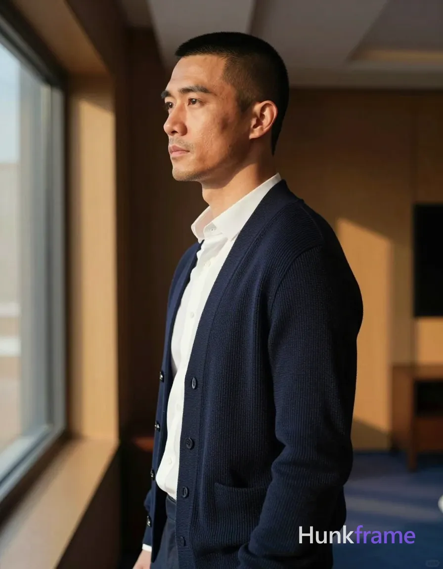 Photograph of exactly 1 adult man. Man 1: East Asian, light to medium tan with warm undertones, square jawline, defined cheekbones, straight nose bridge, buzz cut, very short sides and back, slightly longer on top (1-2cm), dark brown/black color, matte texture, clean-shaven chin and upper lip, light stubble on jawline only. Man 1 has fully exposed eyes, eyebrows, temples and nose bridge. East Asian man with light tan skin, slim build. Standing full profile left facing window gaze neutral. Open navy ribbed cardigan over white shirt undone top button. Full body vertical portrait head near ceiling line center right. Modern interior wood paneled walls blue carpet warm lighting. Strong directional sunlight from left creating dramatic shadows. Fine art photography cinematic chiaroscuro premium fashion editorial