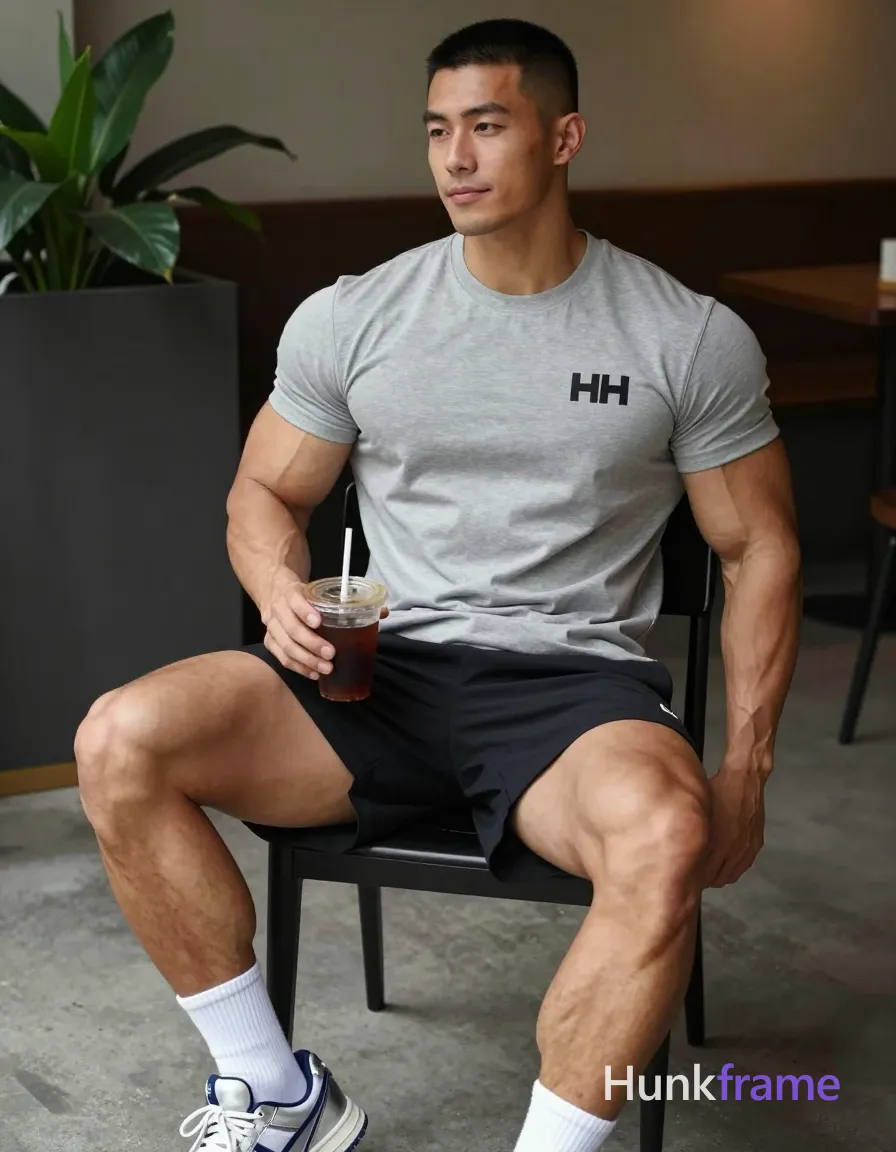 an anonymous figure man with light medium tan skin, short black buzz cut faded sides, clean shaven face neutral slight smile seated sideways on black chair; Broad shoulders defined pectorals thick thighs toned calves holding clear plastic cup dark iced beverage straw right hand left leg extended forward slightly elevated feet visible bottom edge wearing light gray short-sleeve t-shirt graphic print chest HH logo left sleeve black athletic shorts mid-thigh white socks silver-blue sneakers modern café concrete flooring greenery background soft ambient indoor lighting sharp focus natural skin texture vertical portrait fine-art photography dramatic sculpted poses homoerotic aesthetic premium fashion editorial; single clean uninterrupted photograph with a cohesive editorial composition and plain continuous surrounding surfaces