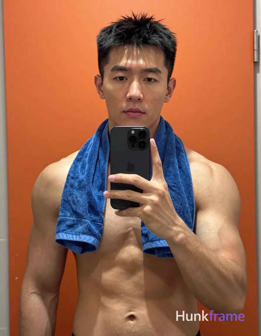 Photograph of exactly 1 adult man. Man 1: Asian, light to medium tan, square jawline with defined cheekbones, short black hair, slightly tousled, straight texture, clean-shaven. Man 1 has fully exposed eyes, eyebrows, temples and nose bridge. Broad shoulders, defined pectorals display under harsh flash. Standing facing mirror holding black Spider-Man phone for selfie. Shirtless with blue towel draped around neck against orange wall. Vertical portrait centered in mirror reflection capturing upper body. Indoor bathroom or dressing room featuring solid orange background. Direct flash from phone camera creating high contrast highlights. Confident athletic mood with sculpted pose and masculine aesthetic
