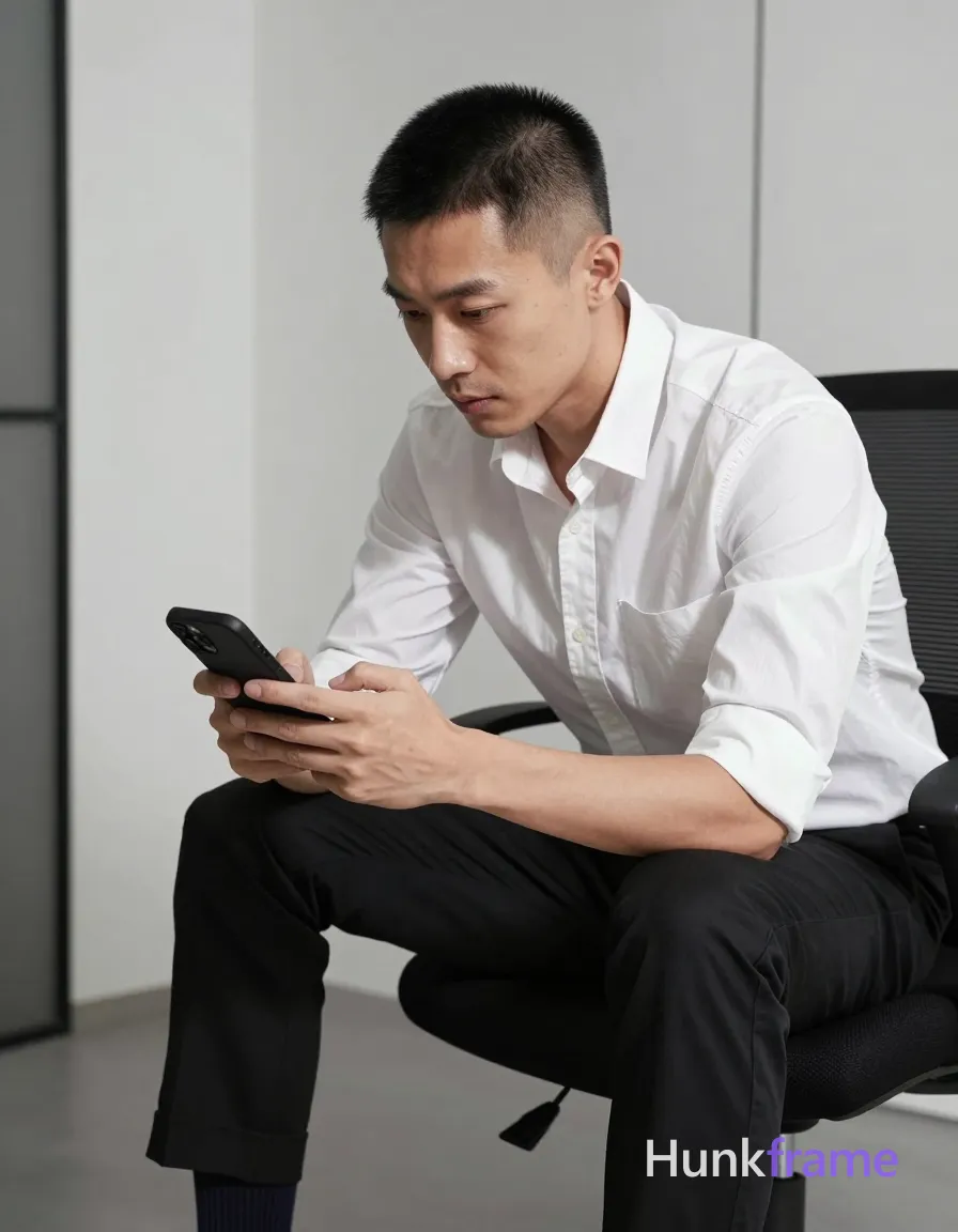 Photograph of exactly 1 adult man. Man 1: Asian, light-medium, oval with defined jawline, short buzz cut, dark brown/black, textured top fade to skin on sides and back, clean-shaven. Man 1 has fully exposed eyes, eyebrows, temples and nose bridge. slim Asian build with short buzz cut, clean-shaven face in focused downward gaze. seated holding black smartphone with thumbs interacting while leaning forward over bent left knee. white striped button-up shirt rolled sleeves paired with cuffed black trousers, dark ribbed socks. vertical portrait crop from mid-thigh up showing subject on office chair against neutral background. minimalist indoor space featuring white walls, light flooring, and vertical dark lines in paneling. soft directional source casting subtle shadows to emphasize sculpted pose within fine-art style. high contrast monochrome fashion editorial with sharp tailoring details and dramatic minimalist mood