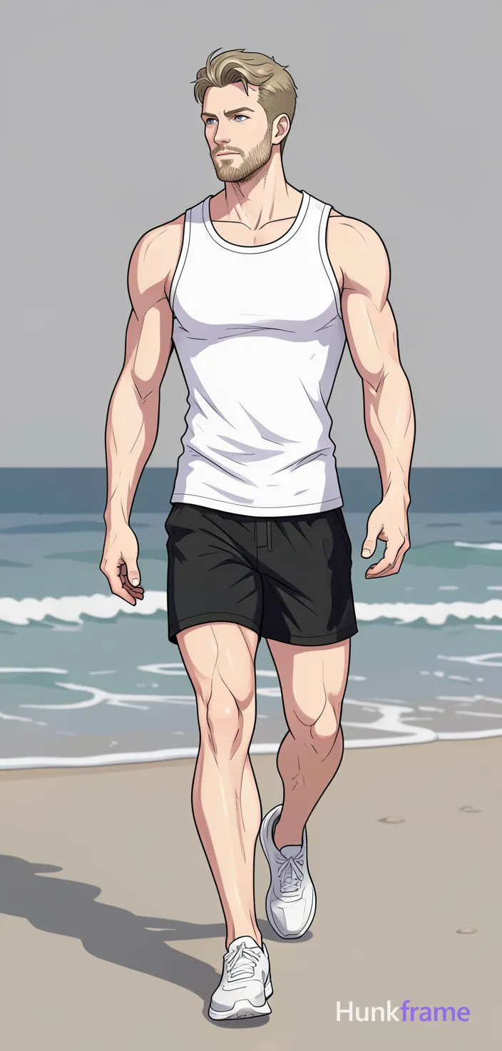freshly generated candid Xiaohongshu lifestyle photo, brand new full-body composition with a different pose, camera angle and background, both hands relaxed, not a mirror selfie, not a copy of any reference image, white sleeveless tank top (fully covering torso), black athletic shorts ending mid-thigh, broad shoulders, defined pectorals, thick thighs, muscular calves, authentic social-feed lifestyle mood, reference lighting and color treatment: anime illustration style, soft studio lighting on plain gray background, clean lines and smooth shading with stylized muscular anatomy, same aesthetic theme and photo feel as the reference but a different man in a different pose with distinct body proportions, Slavic man, pale skin, ash blond stubble, tall athletic frame, walking mid-step along shoreline, distinct body line, a single uninterrupted photograph only, no written words or typography anywhere in frame, no captions, no app UI, no social-media post layout, no screenshot borders
