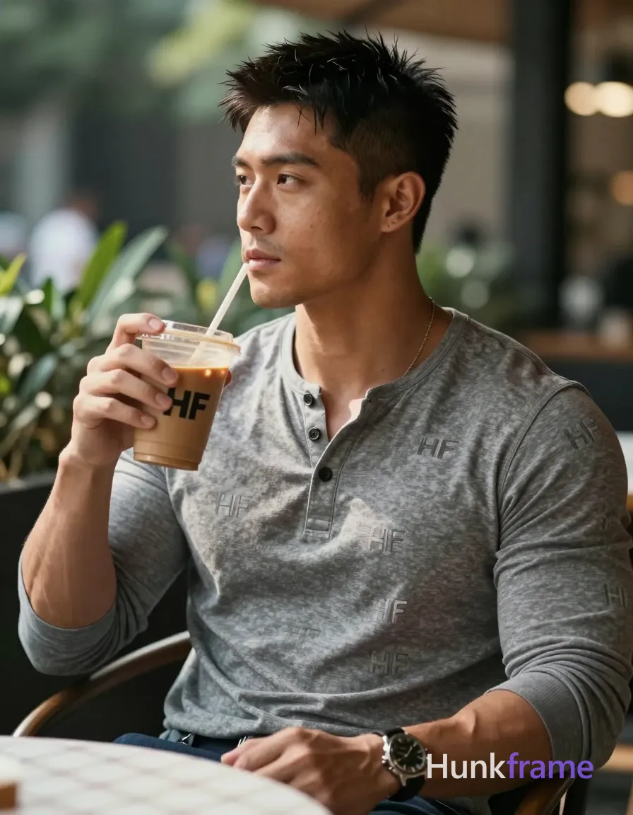 an anonymous figure man with light to medium tan skin and sun-kissed highlights on shoulders, short textured black hair swept forward; Clean-shaven face with neutral contemplative gaze looking left in profile while seated at outdoor café table holding tall plastic cup of iced coffee with straw in right hand; left hand resting on lap near watch; Wearing grey long-sleeve henley shirt with three-button placket fully clothed, lean build physique with bear energy confidence; Waist-up portrait centered medium shot under natural sunlight from upper left casting soft shadows; Shallow depth of field, blurred greenery background, checkered tablecloth visible; Muted earthy palette accented by foliage and coffee brown; Muscle-bear photography style capturing rugged warm masculinity in fine-art composition; FULL GARMENT TEXT REPLACEMENT: remove every source garment word, sentence, slogan, logo, and partial brand spelling from every existing print area, then replace those source marks with only the wordmark, spelled exactly "HF"; This is replacement, Repeated "HF" marks are allowed only where the source garment already had printed text; single clean uninterrupted photograph with a cohesive editorial composition and plain continuous surrounding surfaces