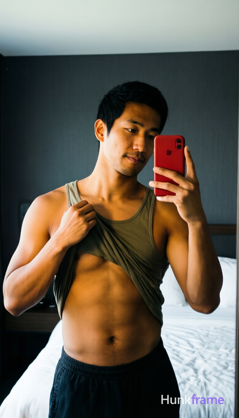 A handsome medium-brown skinned man with short black hair stands in a modern bed