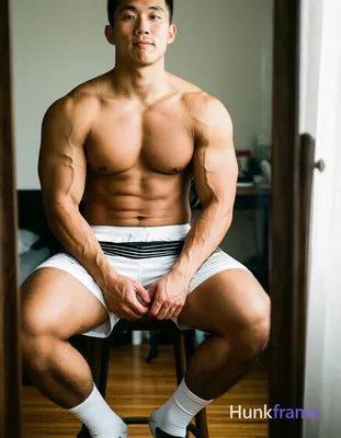 A handsome young Asian man seated on a stool in front of a mirror, shirtless wit