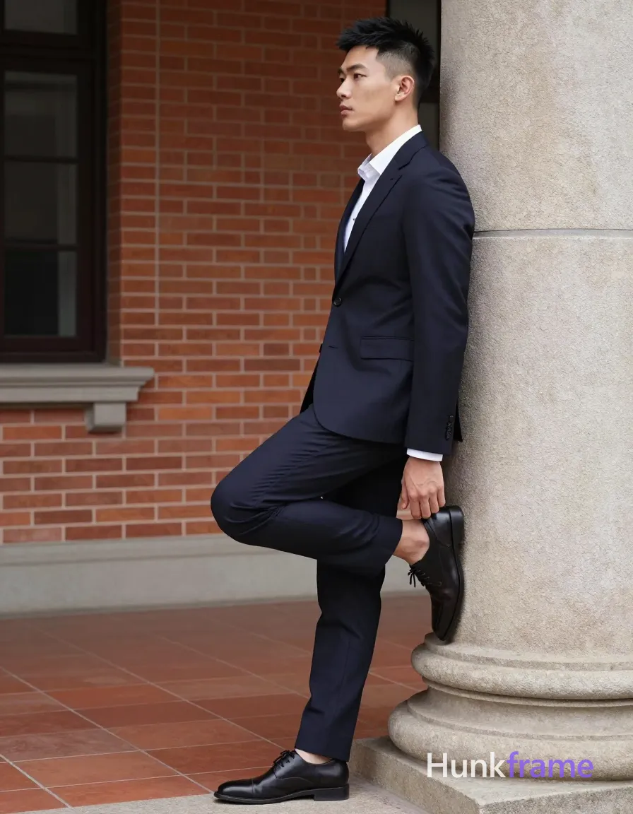 Asian man with short black textured spiky top fading to tight buzz cut, clean-shaven face, neutral gaze directed away; Standing in profile leaning back against a stone column, left leg bent and foot resting on the base while right hand holds left ankle near heel adjusting shoe; Wearing dark navy suit jacket with structured shoulders, single-breasted button closure visible at front, matching dark navy trousers, white collared dress shirt underneath; Full-body shot from head down to mid-calf showing complete figure including footwear and lower legs in slim build; Outdoor architectural setting with red brick building featuring dark-framed windows left side, terracotta tiled floor near base of column; Natural daylight creating soft shadows on face and clothing, ambient illumination highlighting texture of suit fabric; High-fashion editorial aesthetic, clean lines, architectural composition, confident stylish mood; single clean uninterrupted photograph with a cohesive editorial composition and plain continuous surrounding surfaces