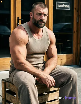 Seated adult man on wooden crate, torso angled right, left arm resting along thi