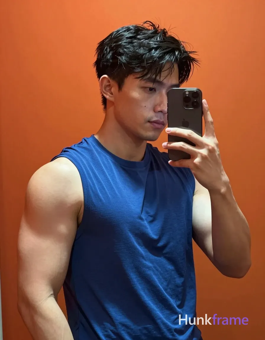 Photograph of exactly 1 adult man. Man 1: Asian, light-medium, oval with defined jawline, short black hair, slightly tousled texture, straight to slight wave, clean-shaven. Man 1 has fully exposed eyes, eyebrows, temples and nose bridge. Very muscular build with defined biceps, triceps under blue sleeveless athletic shirt. Standing facing mirror holding smartphone right hand taking selfie left hand gesture near cheek. Blue sleeveless athletic shirt covering torso shoulders minimal chest hair visible underneath fabric. Portrait head to waist vertical aspect ratio center-left occupying frame right side cut by edge. Indoor against solid orange wall with vertical shadow line suggesting pillar or door frame nearby. Soft frontal lighting from phone flash creating gentle shadows emphasizing strong muscle definition. Fine-art photography dramatic sculpted poses confident casual mood premium fashion-editorial quality