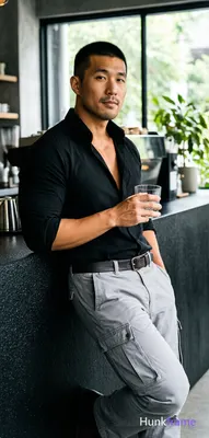 Asian man with medium-tan skin and short black buzz cut, clean-shaven chin with light upper lip stub