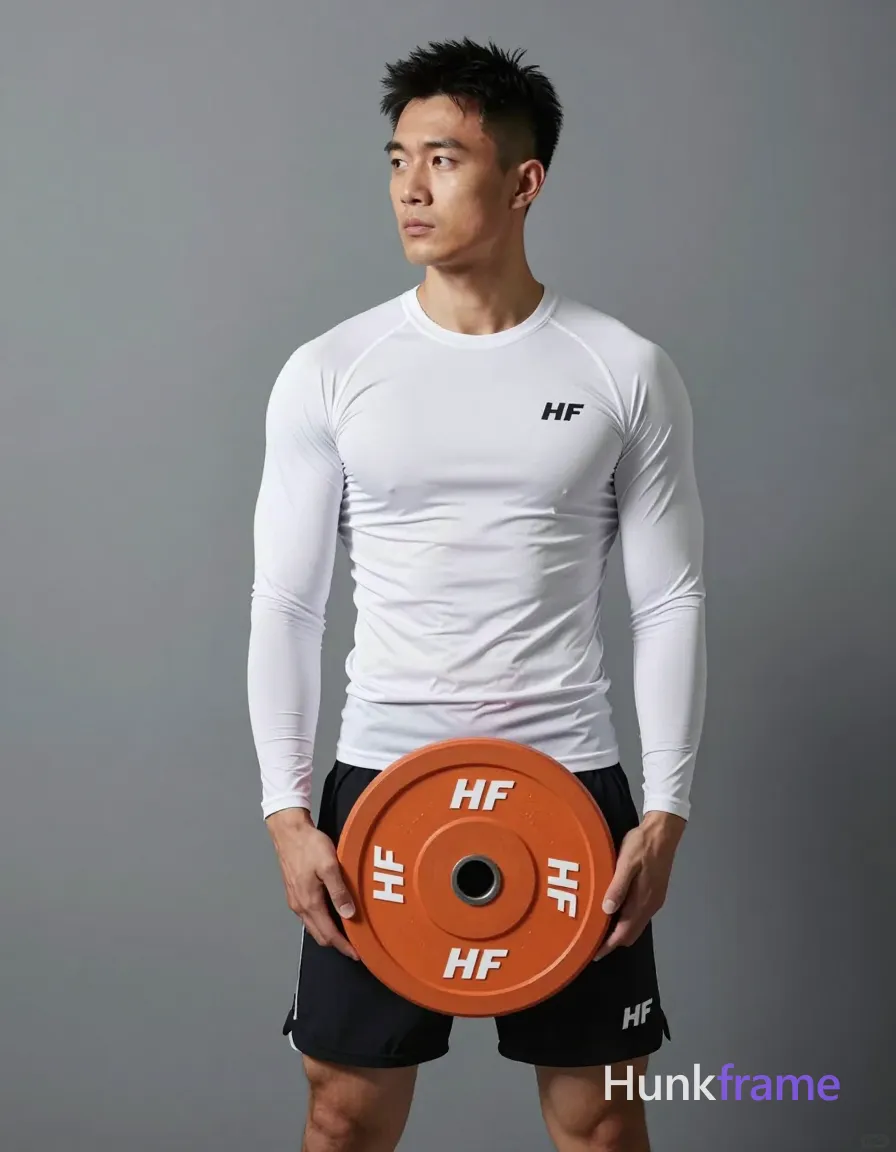 Asian adult man with short black textured hair and clean-shaven face, neutral serious gaze leftward holding an orange 10kg HF weight plate at waist level; Wearing white long-sleeve compression top with chest paneling and small logo on left chest; black athletic shorts mid-thigh with white logo on lower right leg; Standing upright torso straight against gray gym wall background, full body head-to-knees centered shot; Slightly elevated camera angle emphasizing lean muscular physique definition; Soft directional lighting from front-left creating subtle shadows; Vertical portrait composition 13:19 aspect ratio, sharp focus; FULL GARMENT TEXT REPLACEMENT: remove every source garment word, sentence, slogan, logo, and partial brand spelling from every existing print area, then replace those source marks with only the wordmark, spelled exactly "HF"; This is replacement, Repeated "HF" marks are allowed only where the source garment already had printed text; preserve appropriate placement, typography, color, and scale; No other visible text, logo, caption, username, hashtag, comment, watermark, or UI chrome; single clean uninterrupted photograph with a cohesive editorial composition and plain continuous surrounding surfaces
