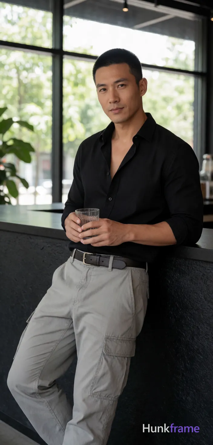 Asian man with medium-tan skin and short black buzz cut, clean-shaven chin with light upper lip stubble; He leans casually against a textured black counter in a modern café interior, weight on right leg while left knee is bent holding clear glass tumbler near chest; Black button-down shirt worn open revealing upper chest from collarbone to sternum, sleeves rolled exposing full forearms and wrists; light gray cargo pants with side pockets and dark leather belt threaded through waistband; Portrait orientation capturing subject from knees up, center-right composition angled slightly toward camera; Natural daylight streaming through expansive windows creates soft highlights on face and clothing against monochromatic black/gray palette accented by green exterior foliage; High-resolution commercial photography with clean lines, professional color grading, calm confident sophisticated mood; single clean uninterrupted photograph with a cohesive editorial composition and plain continuous surrounding surfaces