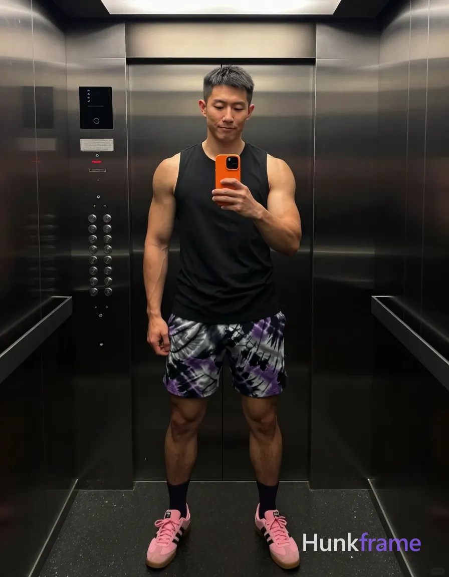 Asian man with medium-dark skin and short black straight hair stands in a full-body vertical mirror selfie within an elevator; He wears a black sleeveless tank top covering his torso completely, patterned tie-dye shorts in grey/purple/black, dark socks pulled up mid-calf on both legs, and pink Adidas sneakers with gum soles; His broad shoulders, defined pectorals, toned arms, and thick thighs are highlighted by ambient elevator illumination emphasizing athletic definition against the reflective mirrored ceiling and back wall; He holds an orange smartphone at chest level in his left hand while his right arm relaxes by his side, capturing a neutral to slight smile with minimal body hair under dramatic directional light; single clean uninterrupted photograph with a cohesive editorial composition and plain continuous surrounding surfaces