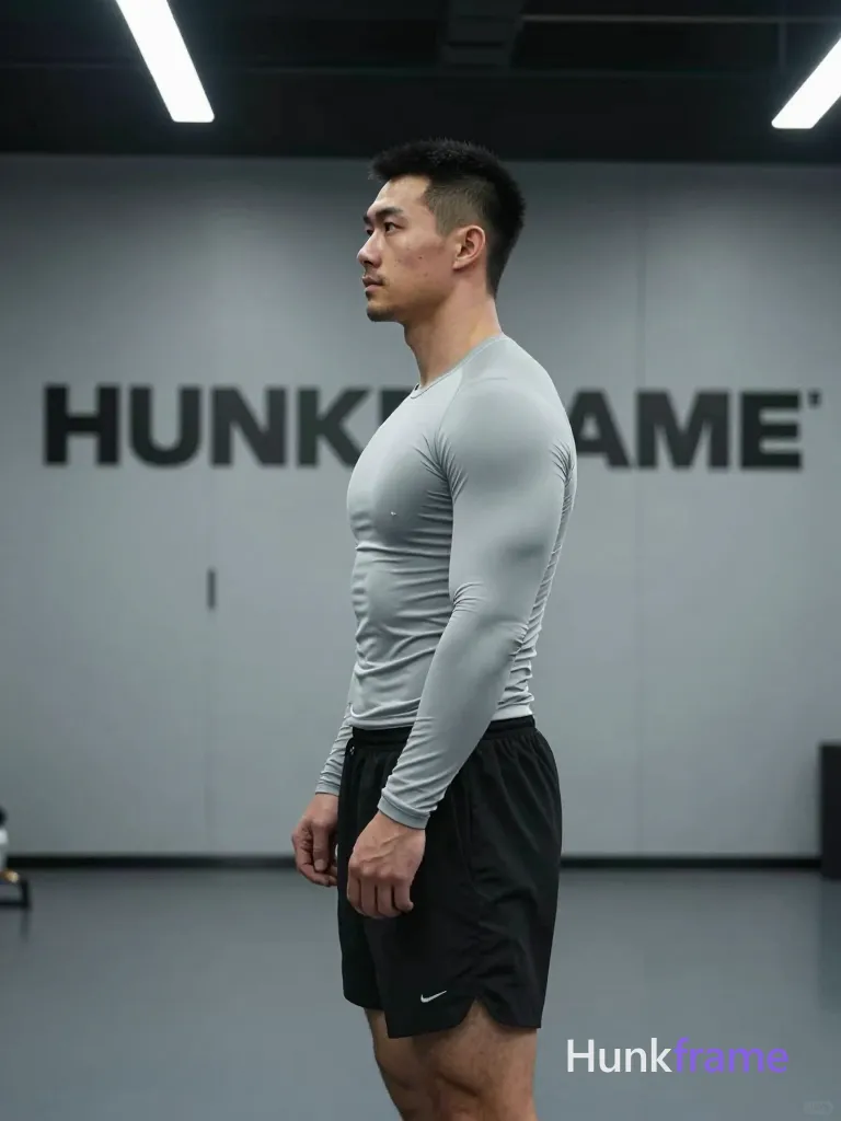 Asian man with light-medium skin, short black buzz cut textured top and clean sides, clean-shaven chin and upper lip with light jawline stubble; Standing in profile facing left, right arm bent hand near waistband of black athletic shorts, left leg slightly forward; Wearing fitted light gray long-sleeve compression shirt fully clothed torso; Indoor gym setting with gray walls dark ceiling beams double door background overhead fluorescent strip lights casting cool directional shadows sculpting broad shoulders defined pectorals vascular arms thick thighs fine-art photography aesthetic minimalist composition masculine focused mood portrait 13:19 aspect ratio; FULL TEXT REPLACEMENT: remove every original source word, sentence, slogan, logo, and partial spelling from the text-bearing area, then replace it with only the wordmark, spelled exactly "HUNKFRAME" on the sign in the composition; This is replacement; Preserve appropriate typography and scale; No other visible text, logo, caption, username, hashtag, comment, watermark, or UI chrome; single clean uninterrupted photograph with a cohesive editorial composition and plain continuous surrounding surfaces