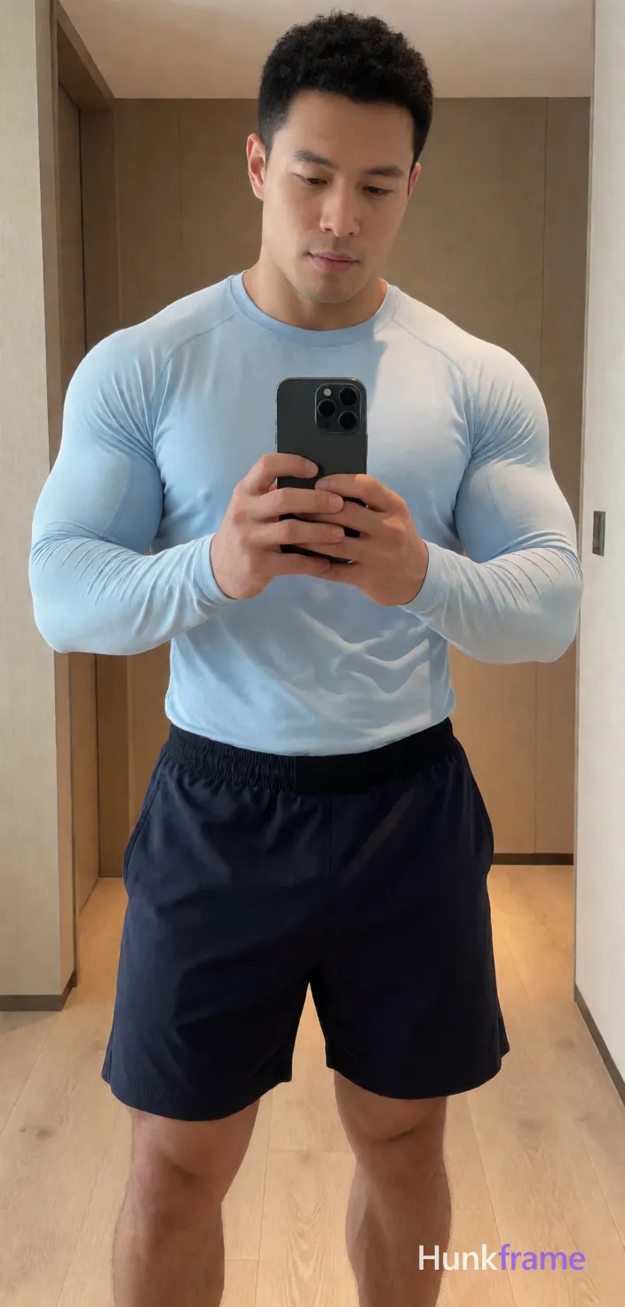 Heavily muscular adult man with substantial muscle mass, wide shoulders, thick neck, large chest and arms, powerful thighs, and dense bodybuilding proportions; Asian man with light to medium tan skin and short black textured hair, clean-shaven face holding a vertical black smartphone at chest level against a full-length mirror; He wears a light blue long-sleeve compression shirt over dark navy athletic shorts with visible black briefs waistband; Athletic build with defined abs stands upright facing the reflection in a modern interior with light wood flooring and beige walls; Soft ambient indoor lighting reflects evenly on skin; slight fisheye distortion typical of phone cameras captures full body from head to shoes with a slight leftward lean; single clean uninterrupted photograph with a cohesive editorial composition and plain continuous surrounding surfaces