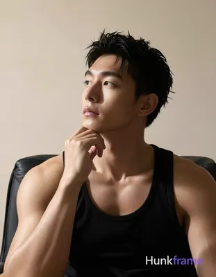 Asian man with medium-tan skin and short textured black hair, contemplative pensive gaze directed up