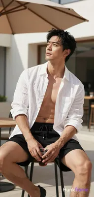 Asian man with light-medium skin and black short hair styled with volume, clean-shaven face looking 