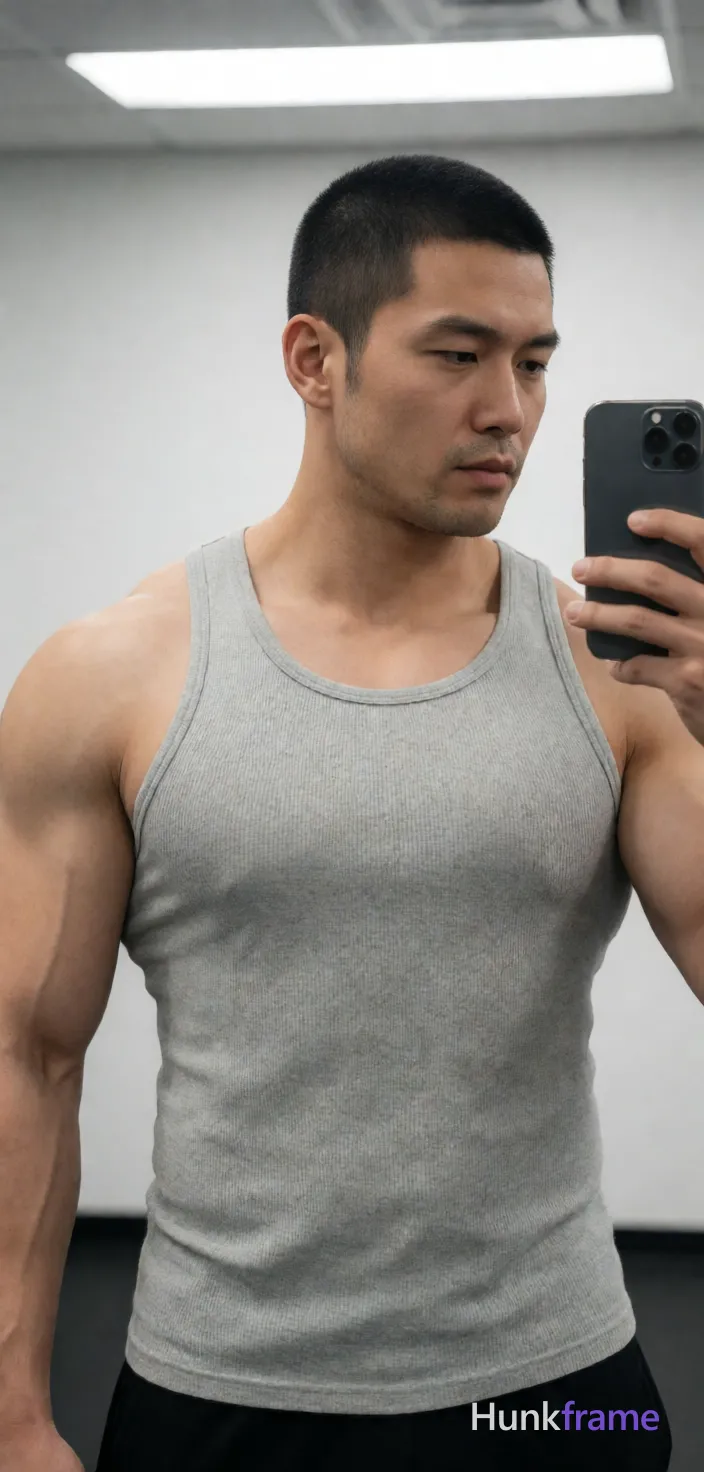 Heavily muscular adult man with substantial muscle mass, wide shoulders, thick neck, large chest and arms, powerful thighs, and dense bodybuilding proportions; Asian man with short black buzz cut and light stubble stands facing a gym mirror, holding phone for selfie; He wears a tight light grey ribbed cotton tank top covering his torso completely, displaying broad shoulders, defined deltoids, visible biceps, triceps, and tight abdominal definition; Neutral expression with slight pout, focused gaze at screen; Portrait framing from mid-thigh up in clean uncluttered background emphasizing physique under bright overhead fluorescent lighting; single clean uninterrupted photograph with a cohesive editorial composition and plain continuous surrounding surfaces