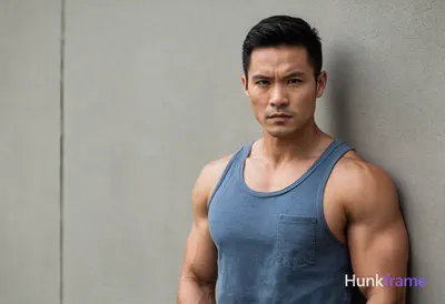 A handsome Asian man with short black hair, brown eyes, and a serious expression