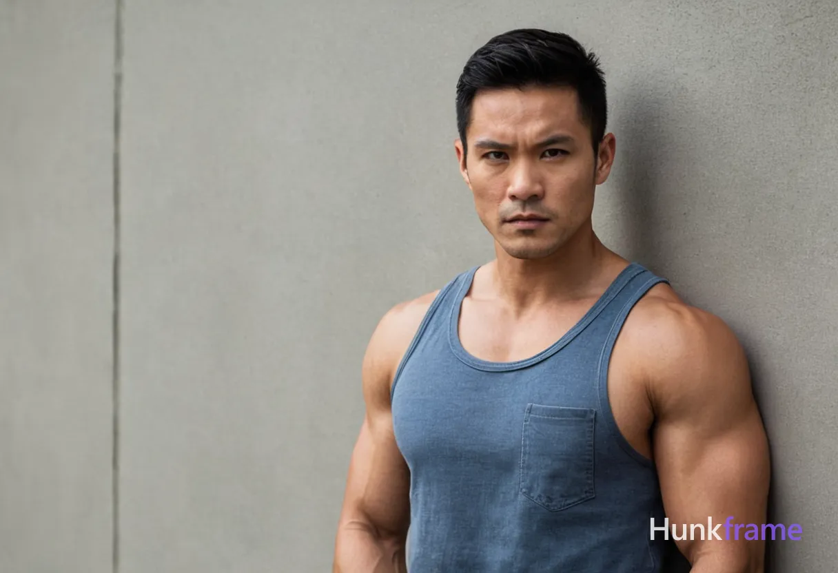 A handsome Asian man with short black hair, brown eyes, and a serious expression stands confidently against a textured gray concrete wall. Soft cinematic lighting highlights his muscular build and strong jawline, creating an editorial male beauty photography style that captures sensuality without being explicit