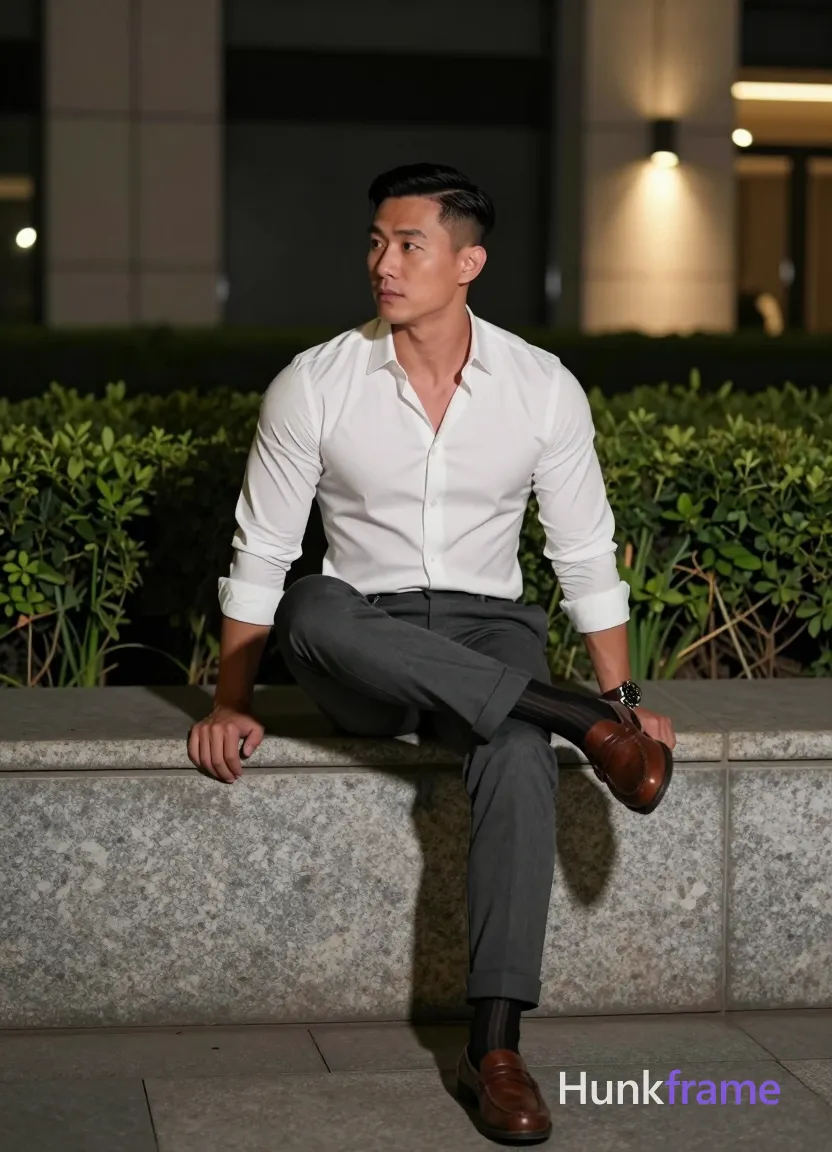 Asian man with short black straight side-parted hair and clean-shaven face, seated on wide stone ledge right leg crossed over left knee; Wearing white long-sleeve button-up shirt unbuttoned at top two buttons, dark grey slim-fit trousers with cuffed hems, black socks with white stripe detail, brown leather loafers; Broad shoulders, defined biceps, thick thighs; Outdoor urban night scene with modern building facade and manicured greenery; Soft directional light from left side illuminating front of subject against warm accent lights on wall behind; Fine-art photography fashion editorial aesthetic dramatic nighttime lighting sculpted pose composition full-body shot center-right sophisticated calm contemplative mood; single clean uninterrupted photograph with a cohesive editorial composition and plain continuous surrounding surfaces