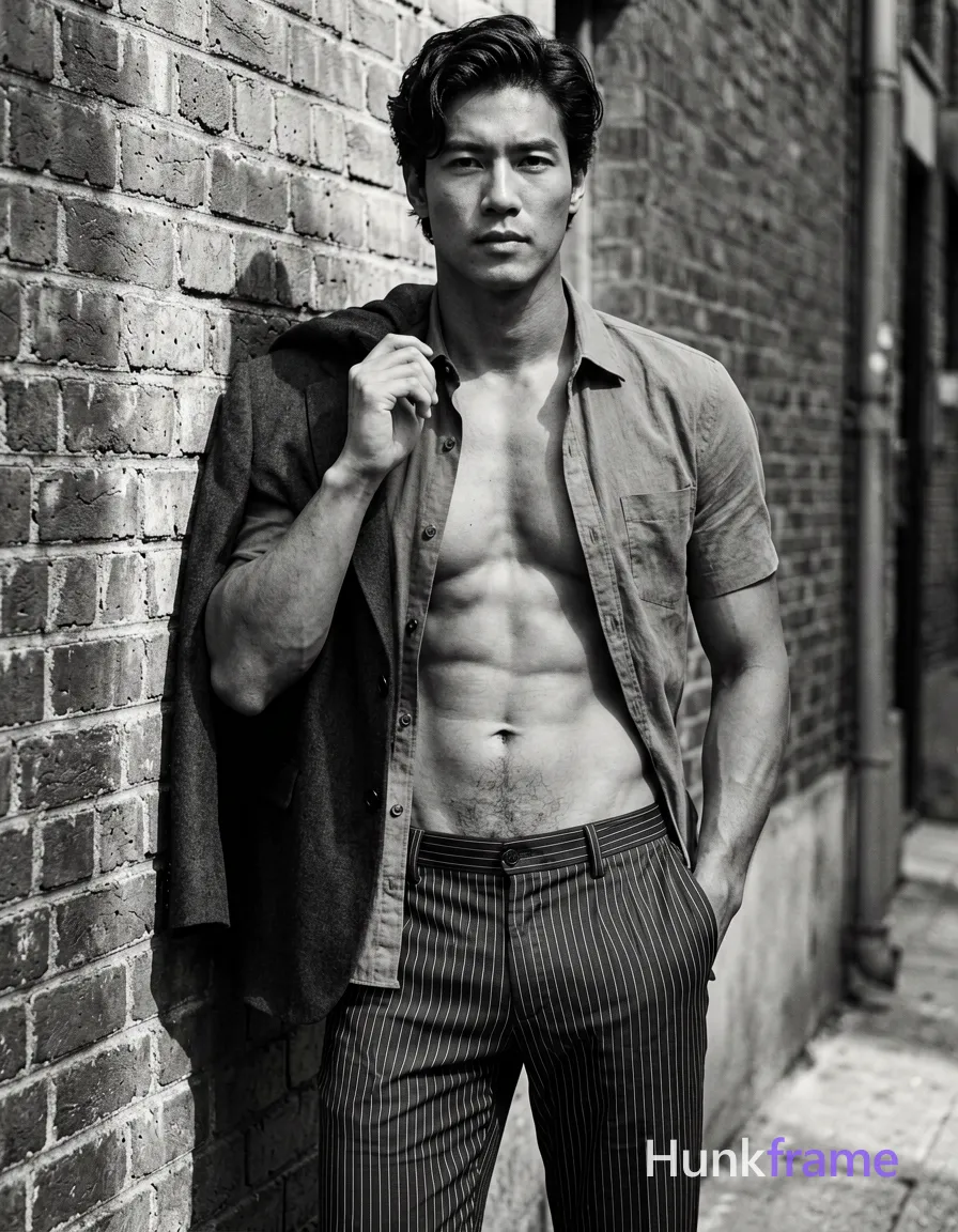 A handsome medium-dark skinned man with dark wavy hair styled back stands leaning against a textured brick wall in an outdoor urban alleyway. He wears striped trousers with vertical pinstripes and holds a dark blazer over his right shoulder while keeping his left hand deep in his pocket. His open-collared button-down shirt is unbuttoned at the chest revealing a bare torso, abdomen, shoulders, arms from elbow down, and neck. The pose captures him standing vertically head-to-mid-thigh with a neutral gaze directed slightly off-camera. High-contrast black-and-white lighting casts strong directional shadows from upper left creating deep sculptural tones on his lean build against the monochrome grayscale palette of fine-art fashion photography., wearing underwear or swim trunks, covered genitals, no frontal nudity, a single uninterrupted photograph only, no written words or typography anywhere in frame, no captions, no app UI, no social-media post layout, no screenshot borders