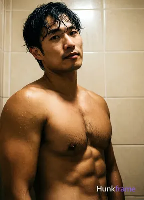 Asian man with short black hair slightly wet and glistening, clean-shaven smooth chin posing sensual
