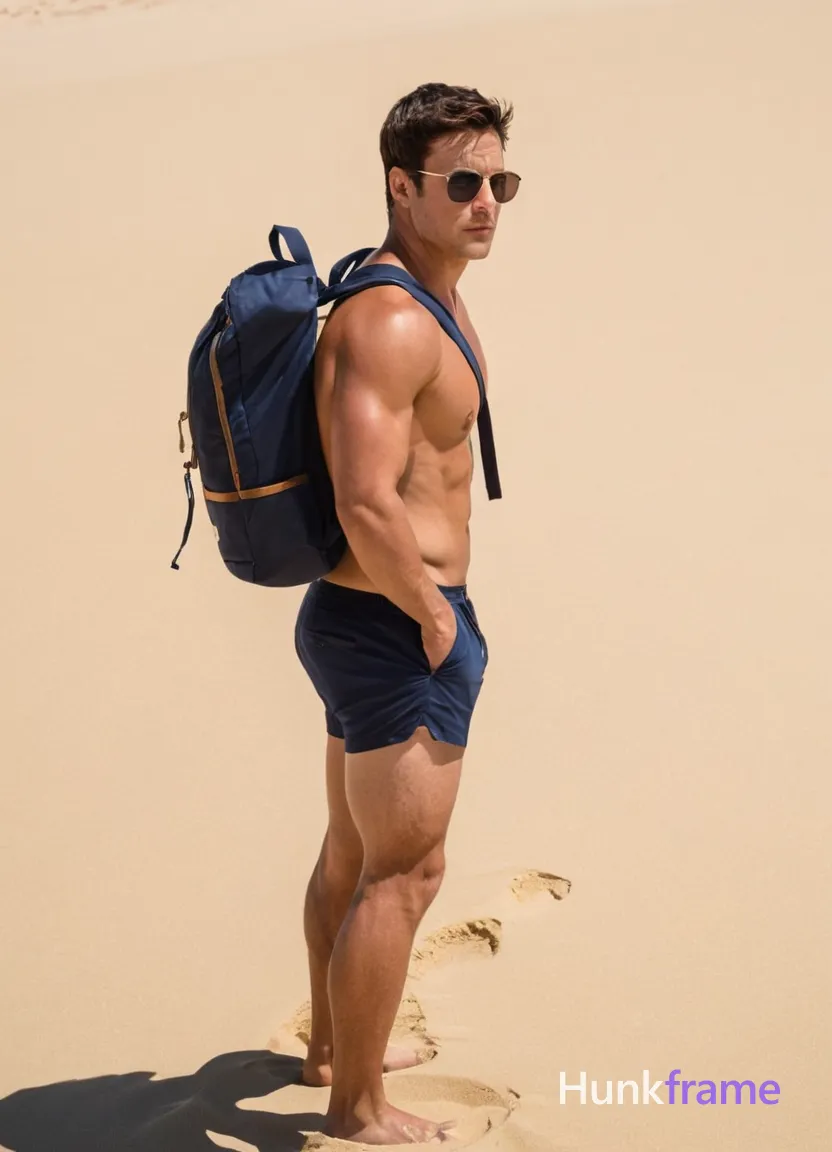 A handsome an anonymous figure man stands on a vast, sandy beach under clear blue skies, wearing navy blue swim shorts and carrying a brown backpack. His body type is athletic with well-defined muscles, chiseled abdomen, and broad shoulders. The lighting is bright natural sunlight casting defined shadows across his physique. He has short brown hair, dark eyes, black glasses, and a serious expression. A gentle breeze moves the sand around him, emphasizing the rugged outdoor setting., alternate camera angle, natural ambient light, candid editorial framing